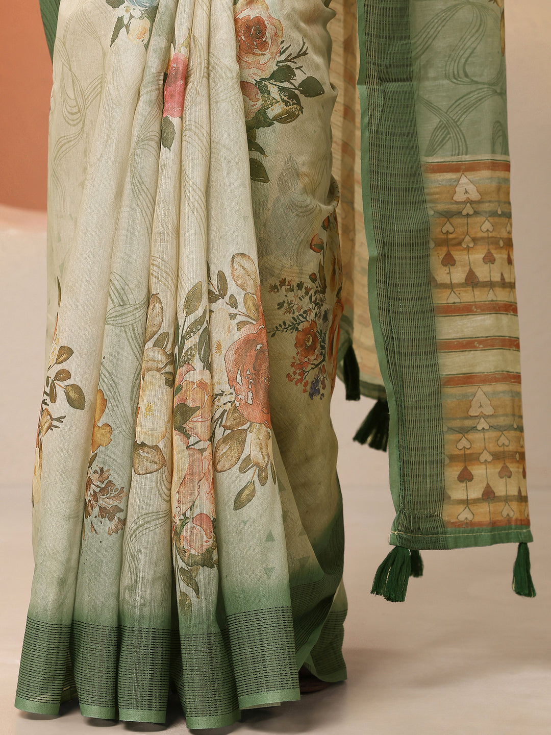 Green Printed Silk Blend Saree With Unstitched Blouse Piece