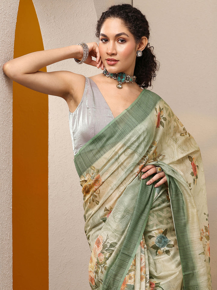 Green Printed Silk Blend Saree With Unstitched Blouse Piece