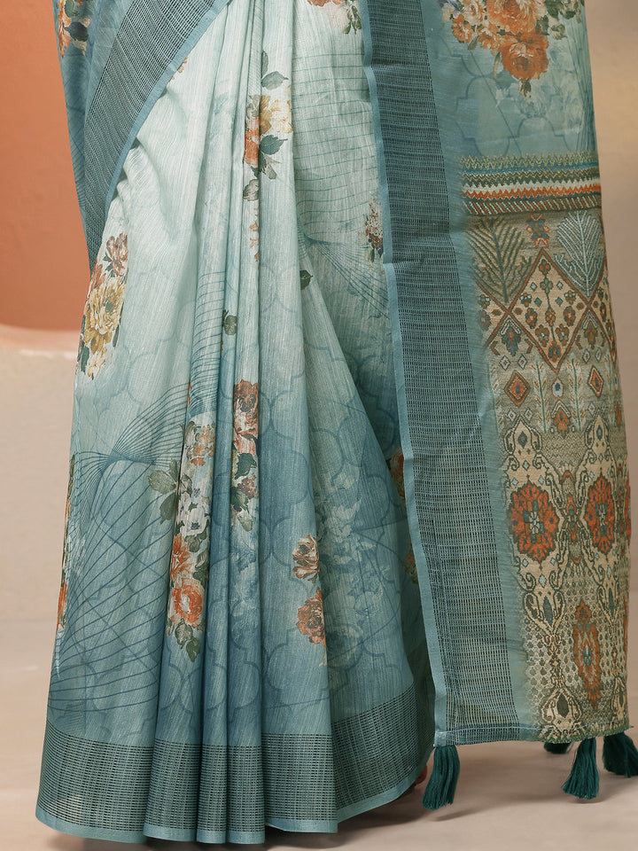 Blue Printed Silk Blend Saree With Unstitched Blouse Piece