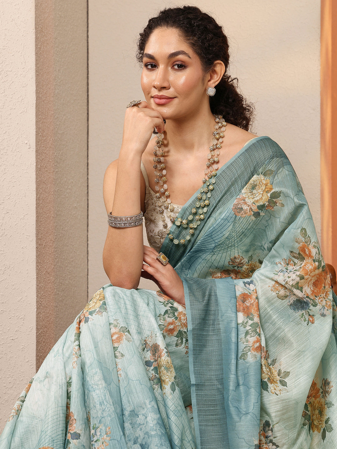 Blue Printed Silk Blend Saree With Unstitched Blouse Piece