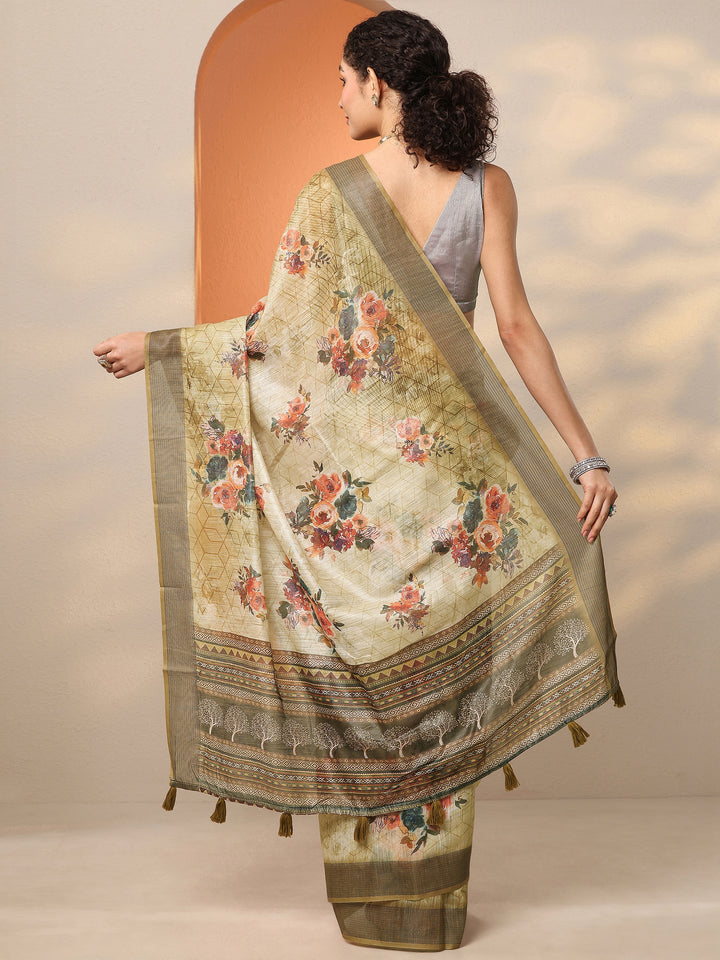 Green Printed Silk Blend Saree With Unstitched Blouse Piece