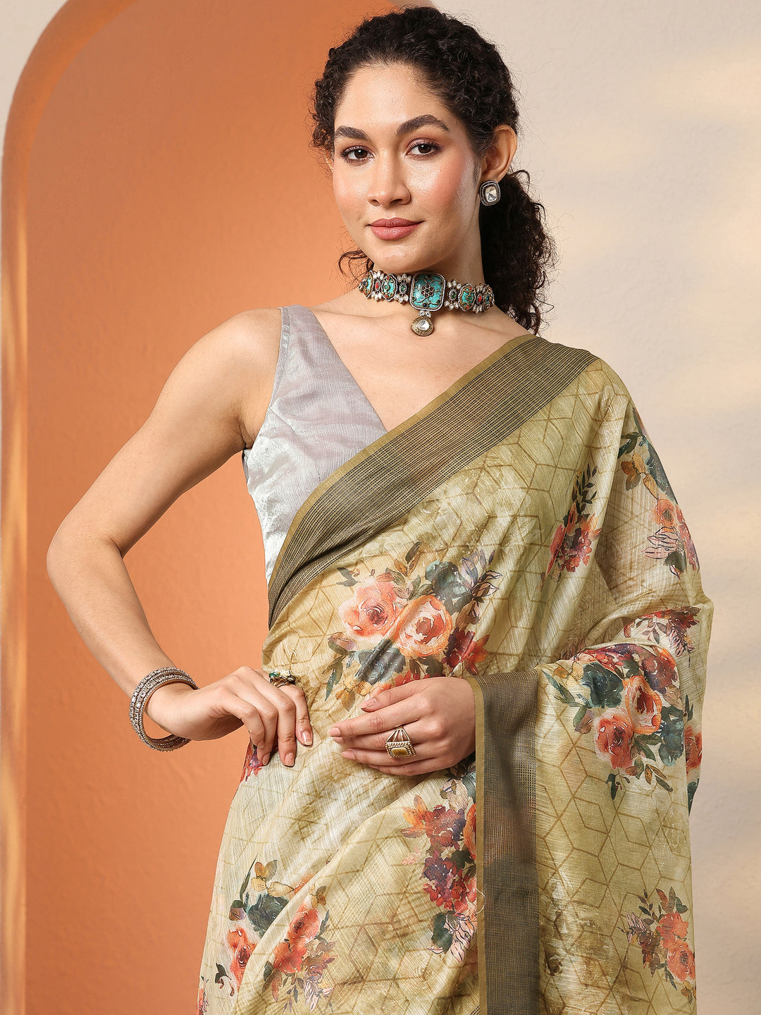 Green Printed Silk Blend Saree With Unstitched Blouse Piece