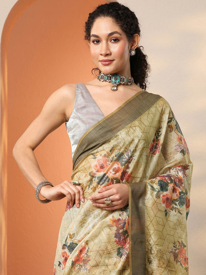 Green Printed Silk Blend Saree With Unstitched Blouse Piece