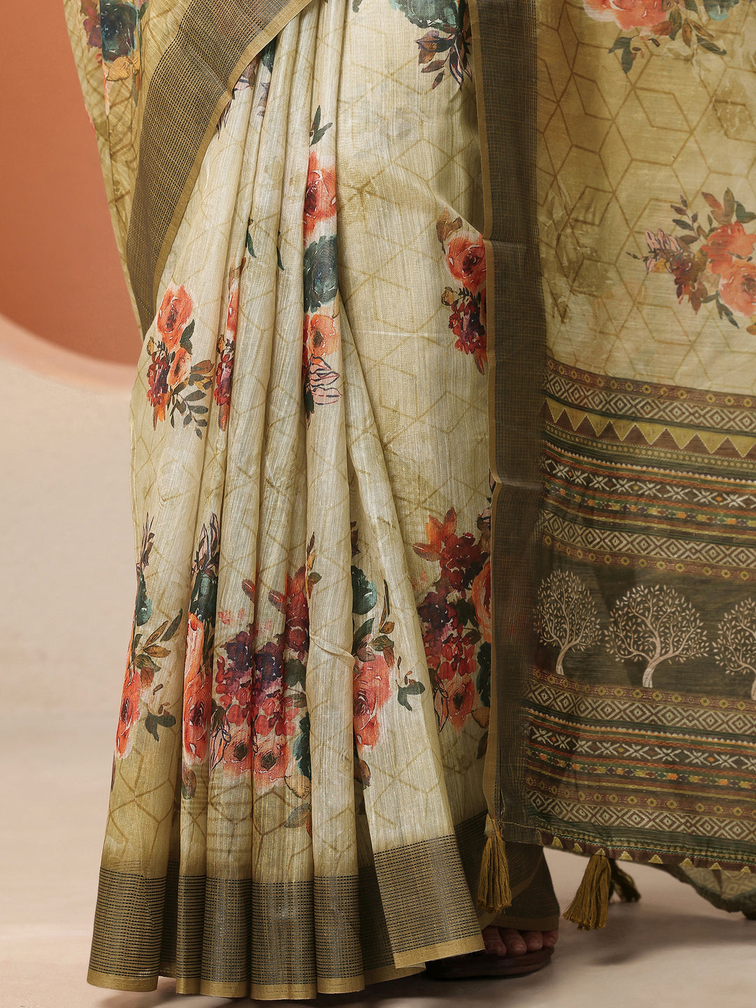 Green Printed Silk Blend Saree With Unstitched Blouse Piece