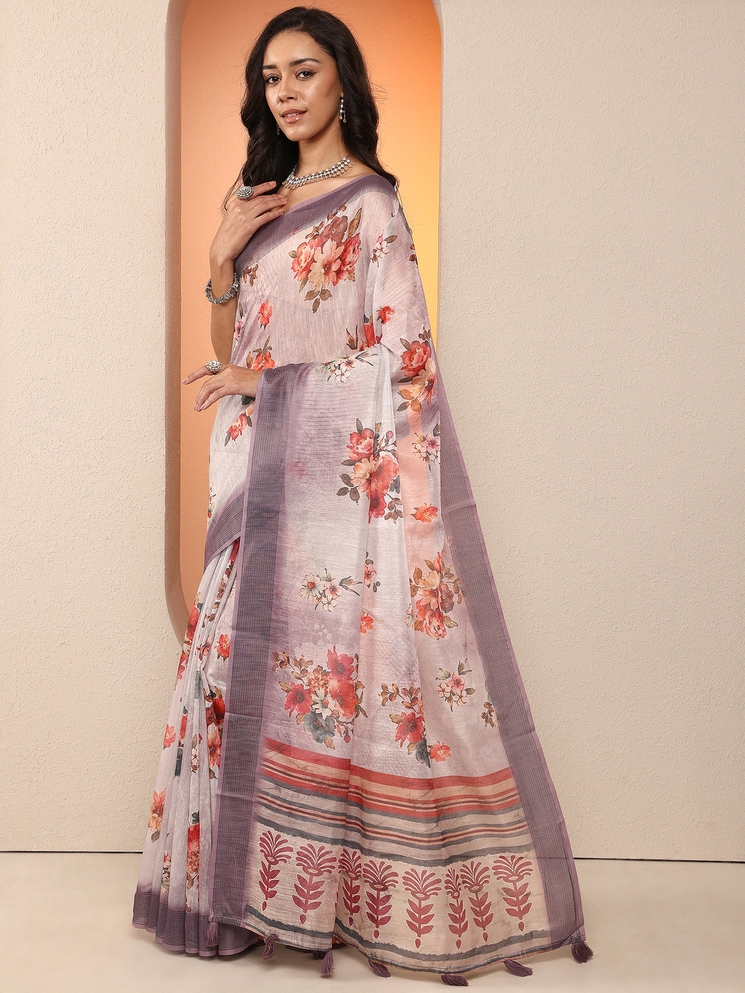 Purple Printed Silk Blend Saree With Unstitched Blouse Piece