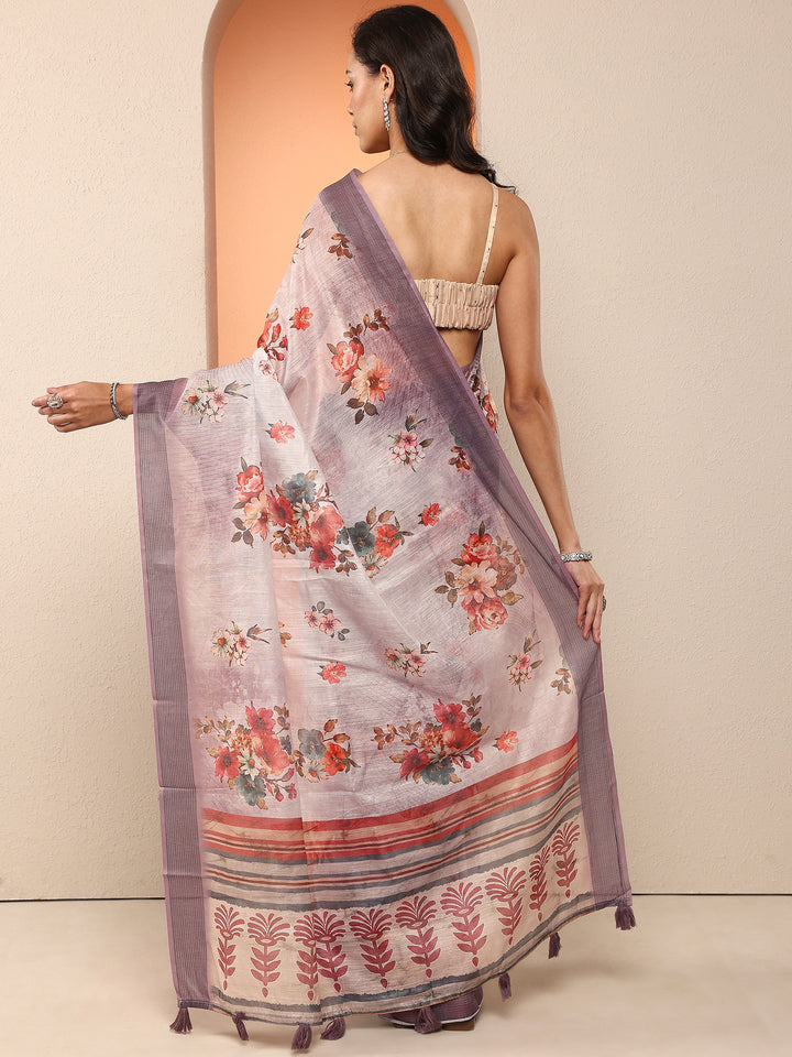 Purple Printed Silk Blend Saree With Unstitched Blouse Piece