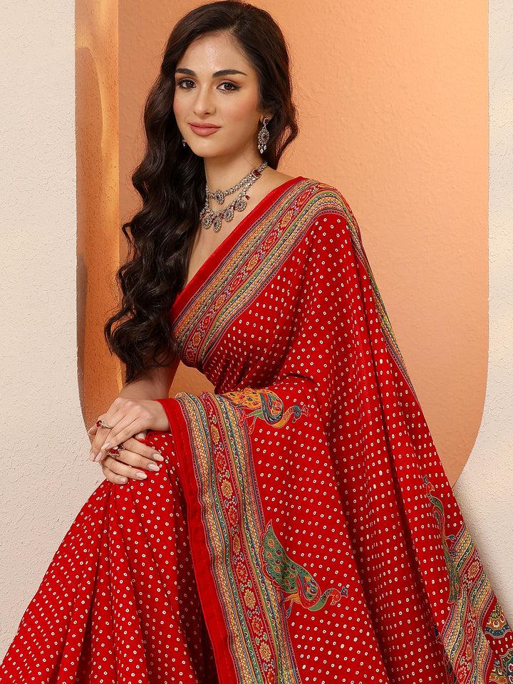 Red Bandhani Printed Silk Blend Saree With Unstitched Blouse Piece