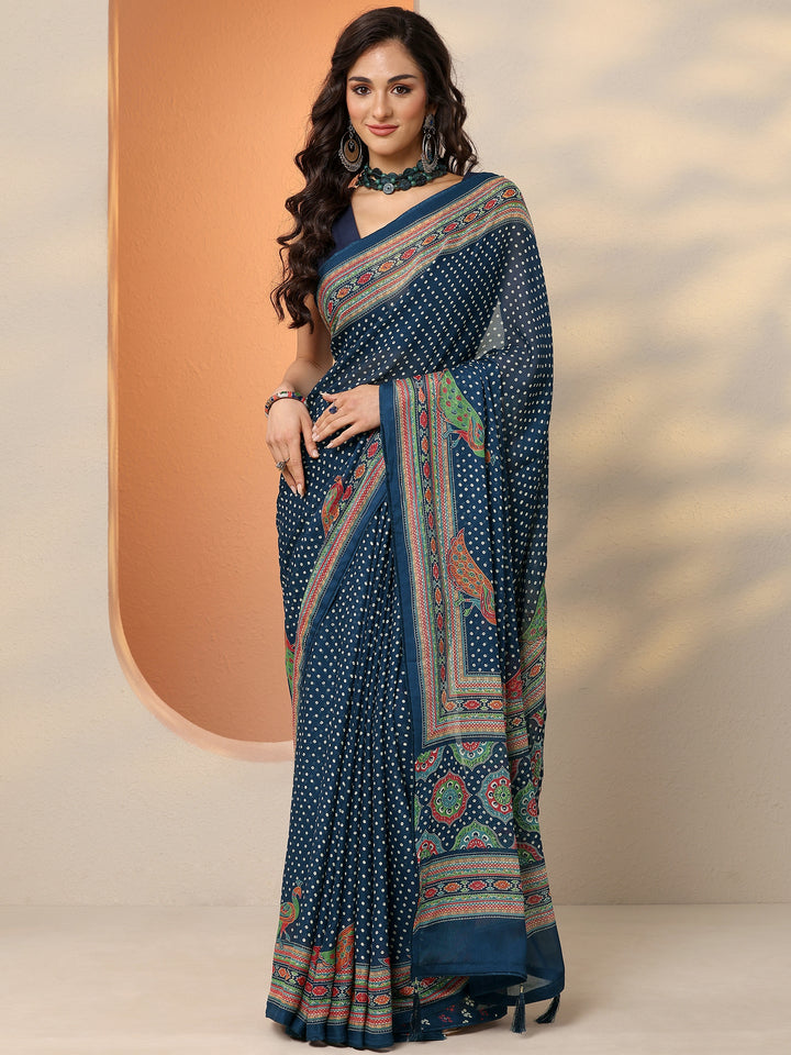 Navy Blue Bandhani Printed Silk Blend Saree With Unstitched Blouse Piece