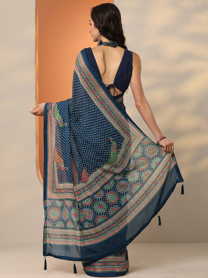 Navy Blue Bandhani Printed Silk Blend Saree With Unstitched Blouse Piece