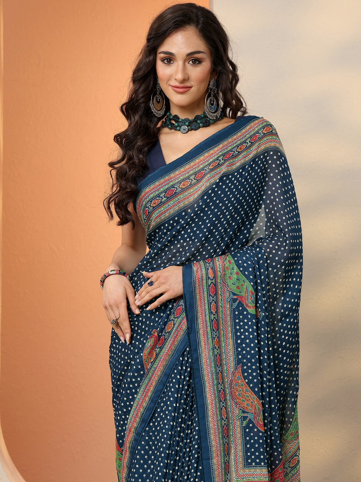 Navy Blue Bandhani Printed Silk Blend Saree With Unstitched Blouse Piece