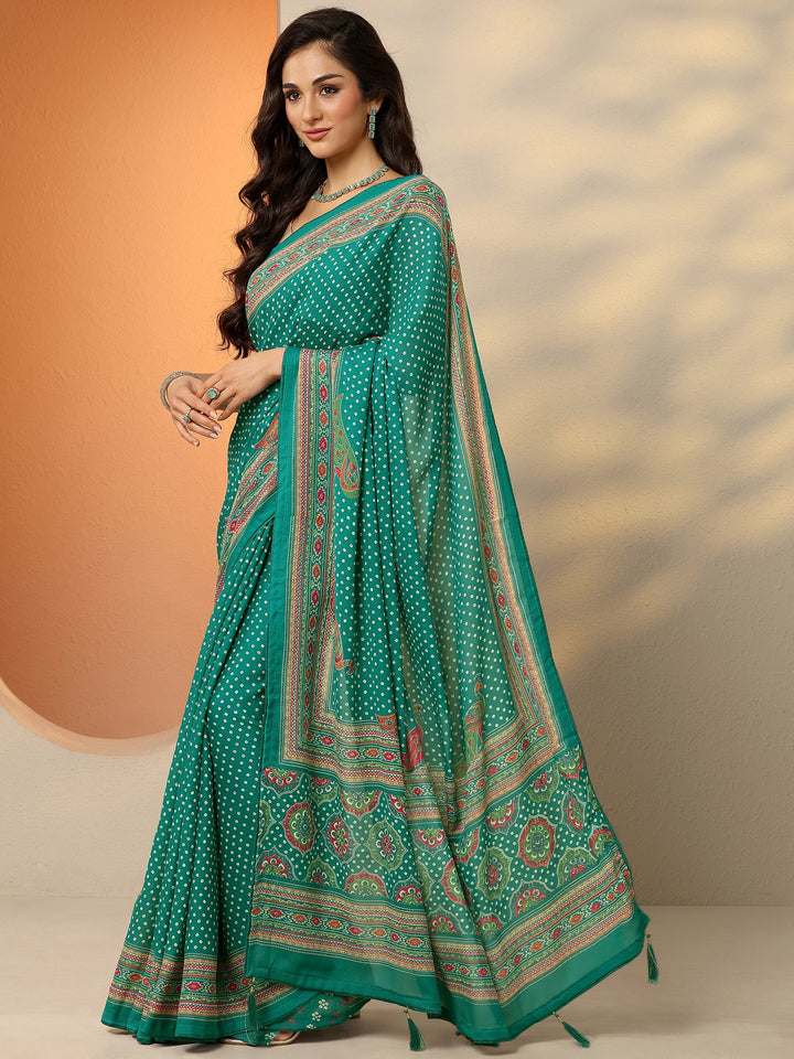 Green Bandhani Printed Silk Blend Saree With Unstitched Blouse Piece