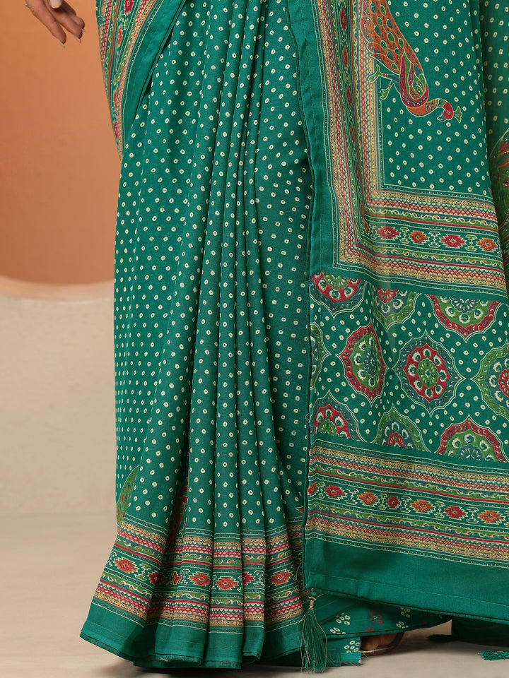 Green Bandhani Printed Silk Blend Saree With Unstitched Blouse Piece