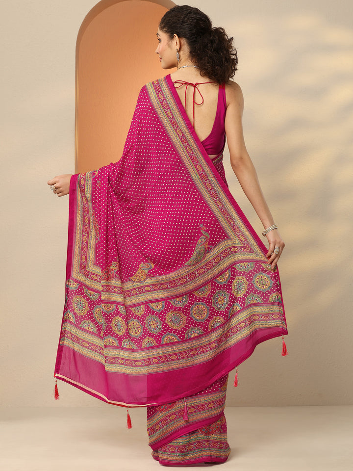 Pink Bandhani Printed Silk Blend Saree With Unstitched Blouse Piece