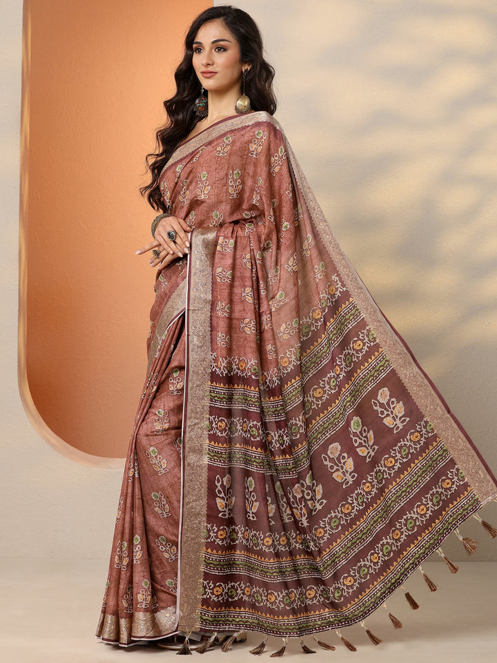 Brown Printed Silk Blend Saree With Unstitched Blouse Piece