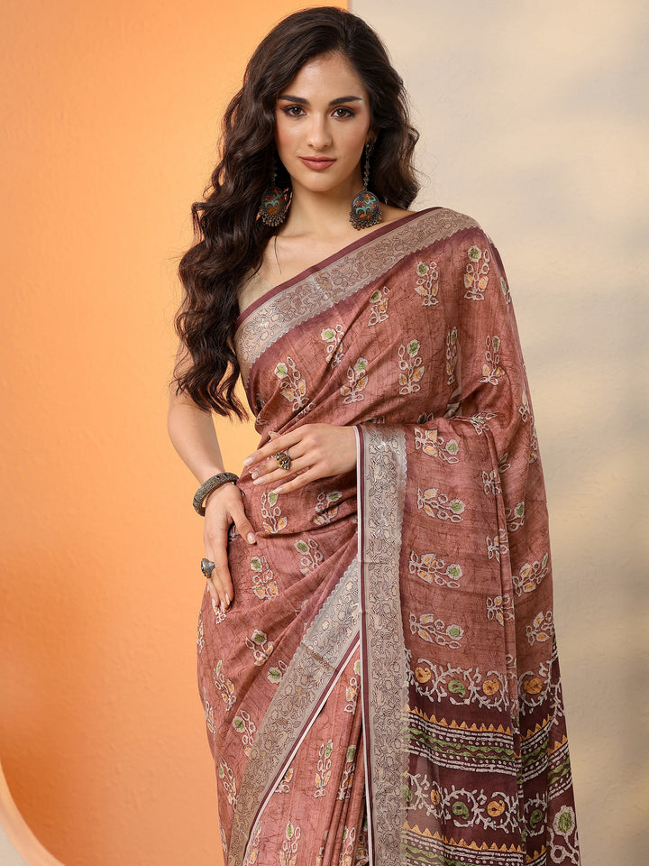 Brown Printed Silk Blend Saree With Unstitched Blouse Piece
