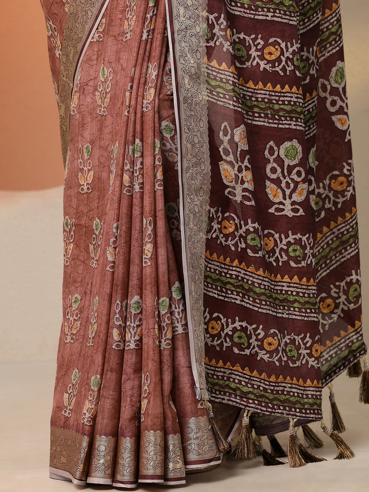 Brown Printed Silk Blend Saree With Unstitched Blouse Piece