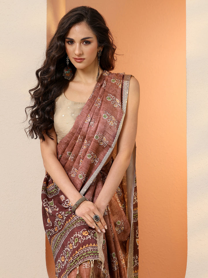 Brown Printed Silk Blend Saree With Unstitched Blouse Piece