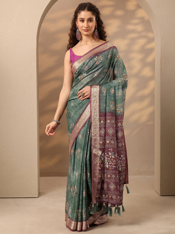Green Printed Silk Blend Saree With Unstitched Blouse Piece