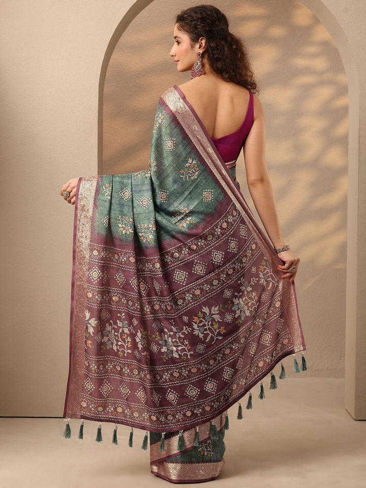 Green Printed Silk Blend Saree With Unstitched Blouse Piece