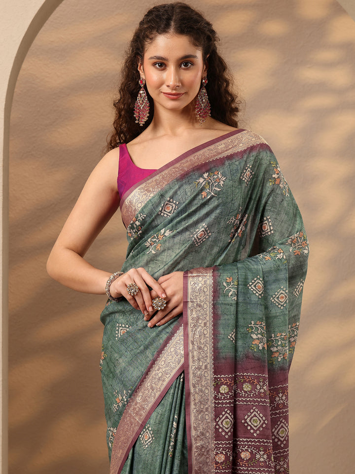 Green Printed Silk Blend Saree With Unstitched Blouse Piece