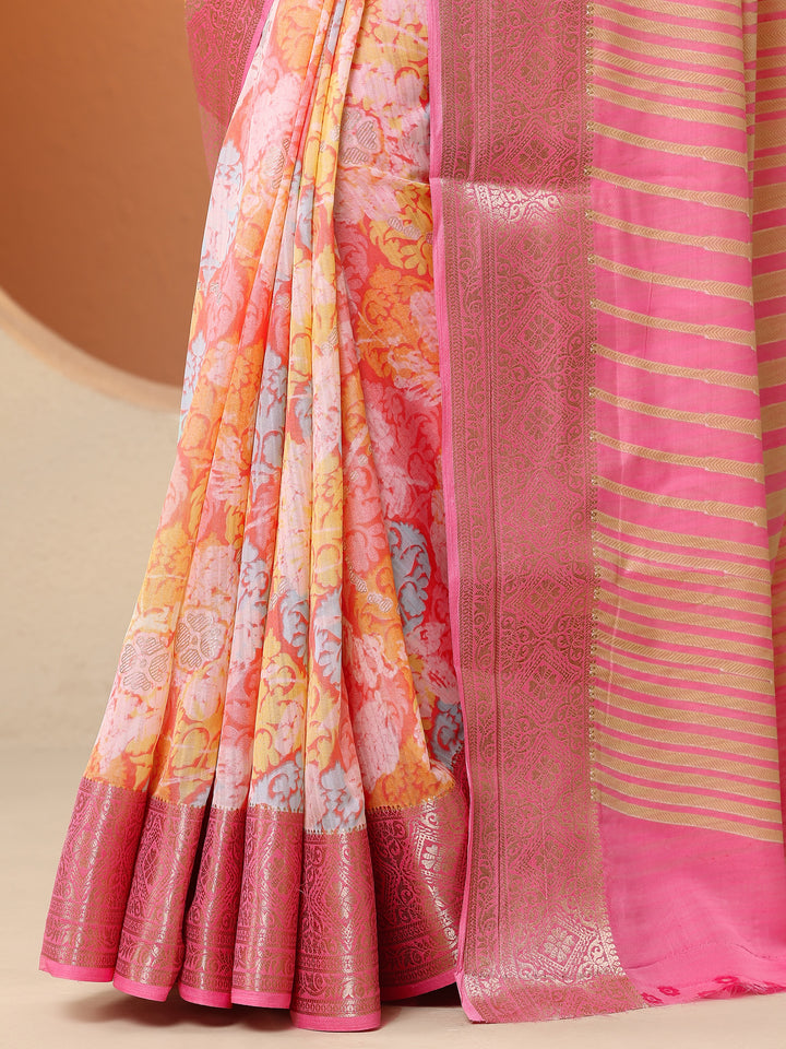 Multi Printed Silk Blend Saree With Unstitched Blouse Piece