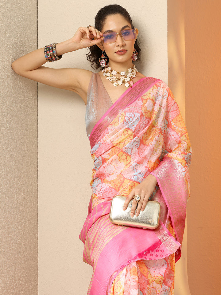 Multi Printed Silk Blend Saree With Unstitched Blouse Piece