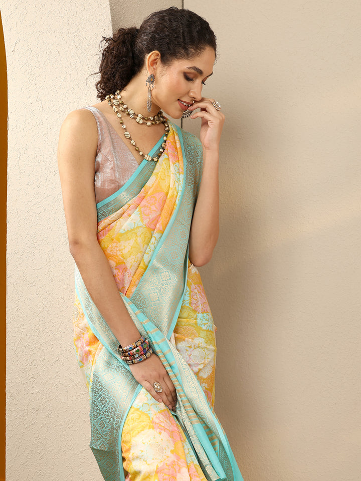 Multi Printed Silk Blend Saree With Unstitched Blouse Piece