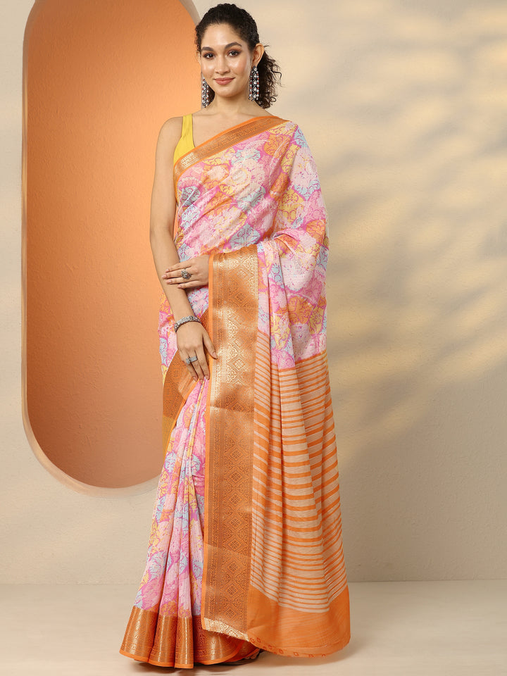 Multi Printed Silk Blend Saree With Unstitched Blouse Piece