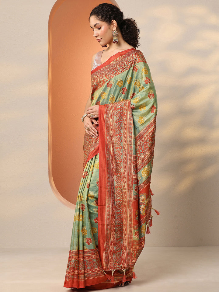 Green Printed Silk Blend Saree With Unstitched Blouse Piece
