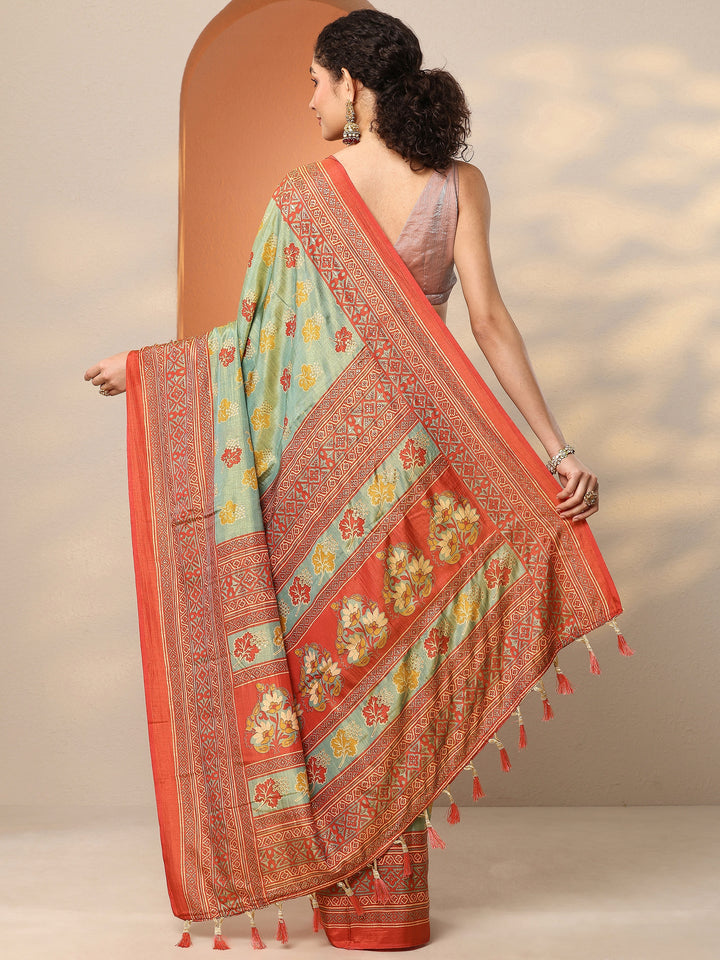 Green Printed Silk Blend Saree With Unstitched Blouse Piece