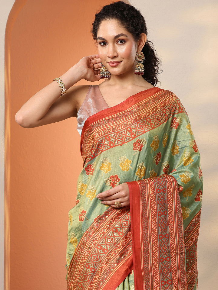 Green Printed Silk Blend Saree With Unstitched Blouse Piece