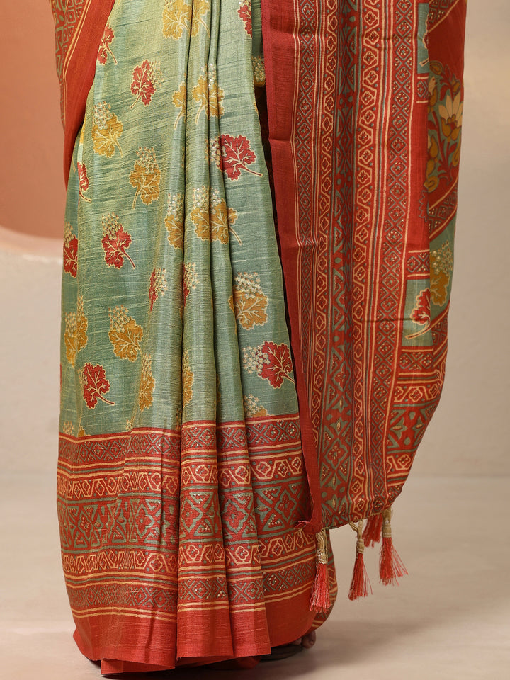 Green Printed Silk Blend Saree With Unstitched Blouse Piece
