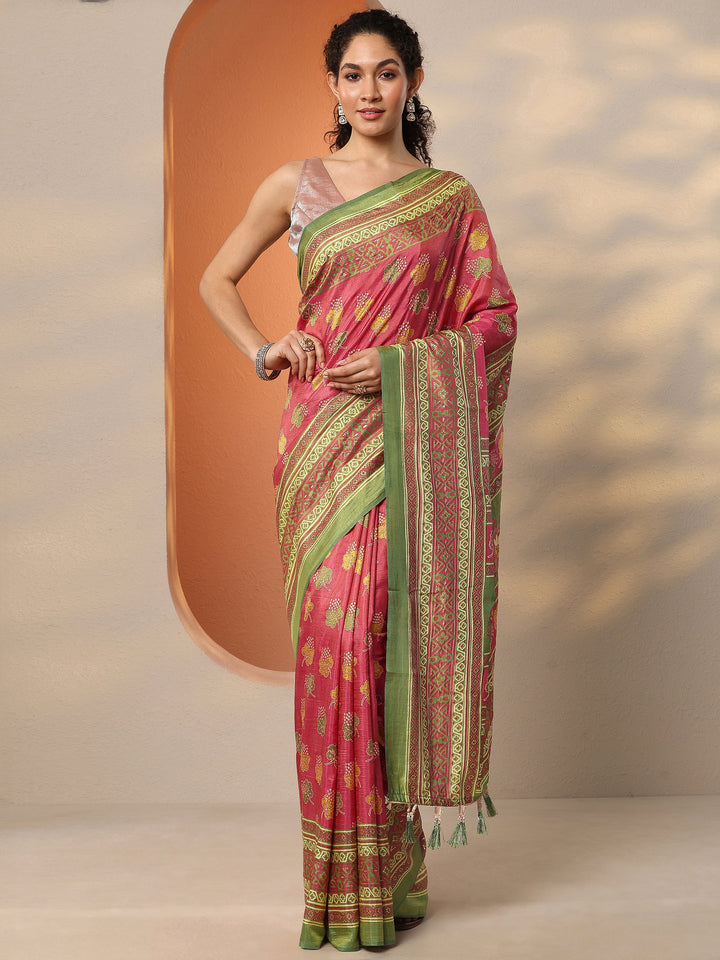 Pink Printed Silk Blend Saree With Unstitched Blouse Piece
