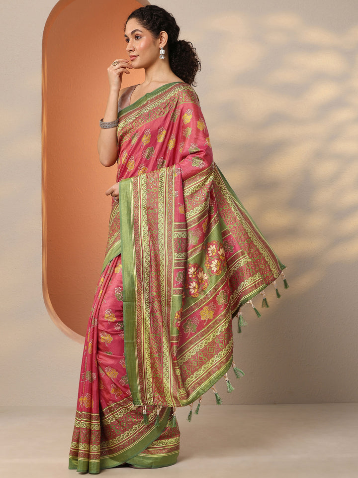 Pink Printed Silk Blend Saree With Unstitched Blouse Piece