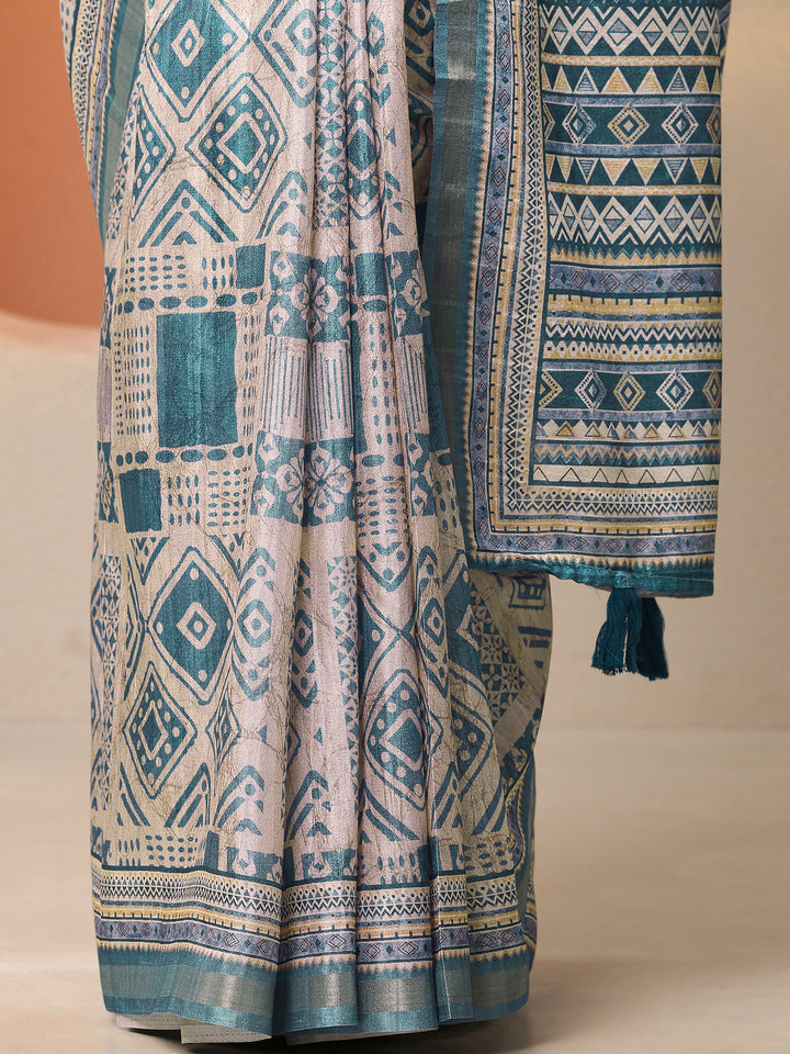 Green Printed Silk Blend Saree With Unstitched Blouse Piece