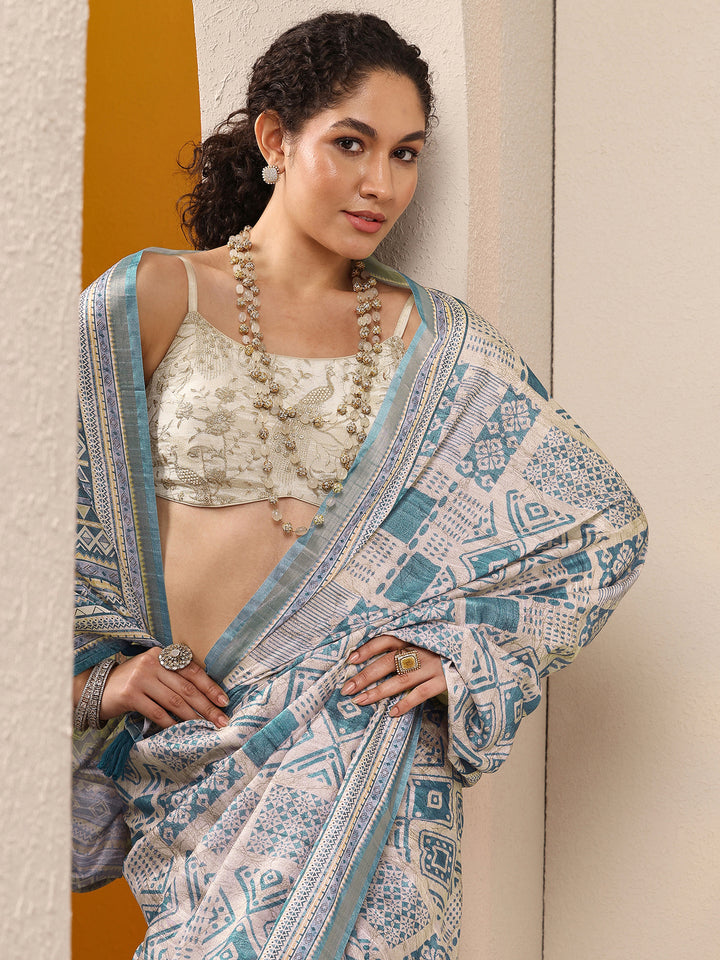 Green Printed Silk Blend Saree With Unstitched Blouse Piece