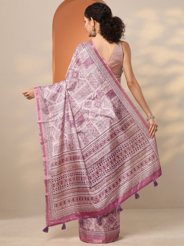 Lavender Printed Silk Blend Saree With Unstitched Blouse Piece