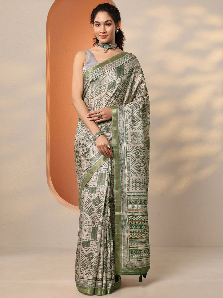 Green Printed Silk Blend Saree With Unstitched Blouse Piece