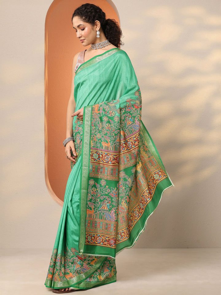 Green Printed Silk Blend Saree With Unstitched Blouse Piece