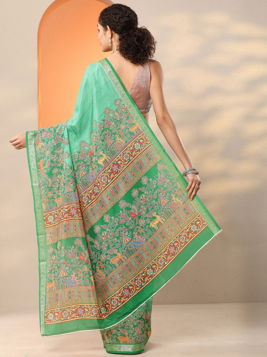 Green Printed Silk Blend Saree With Unstitched Blouse Piece