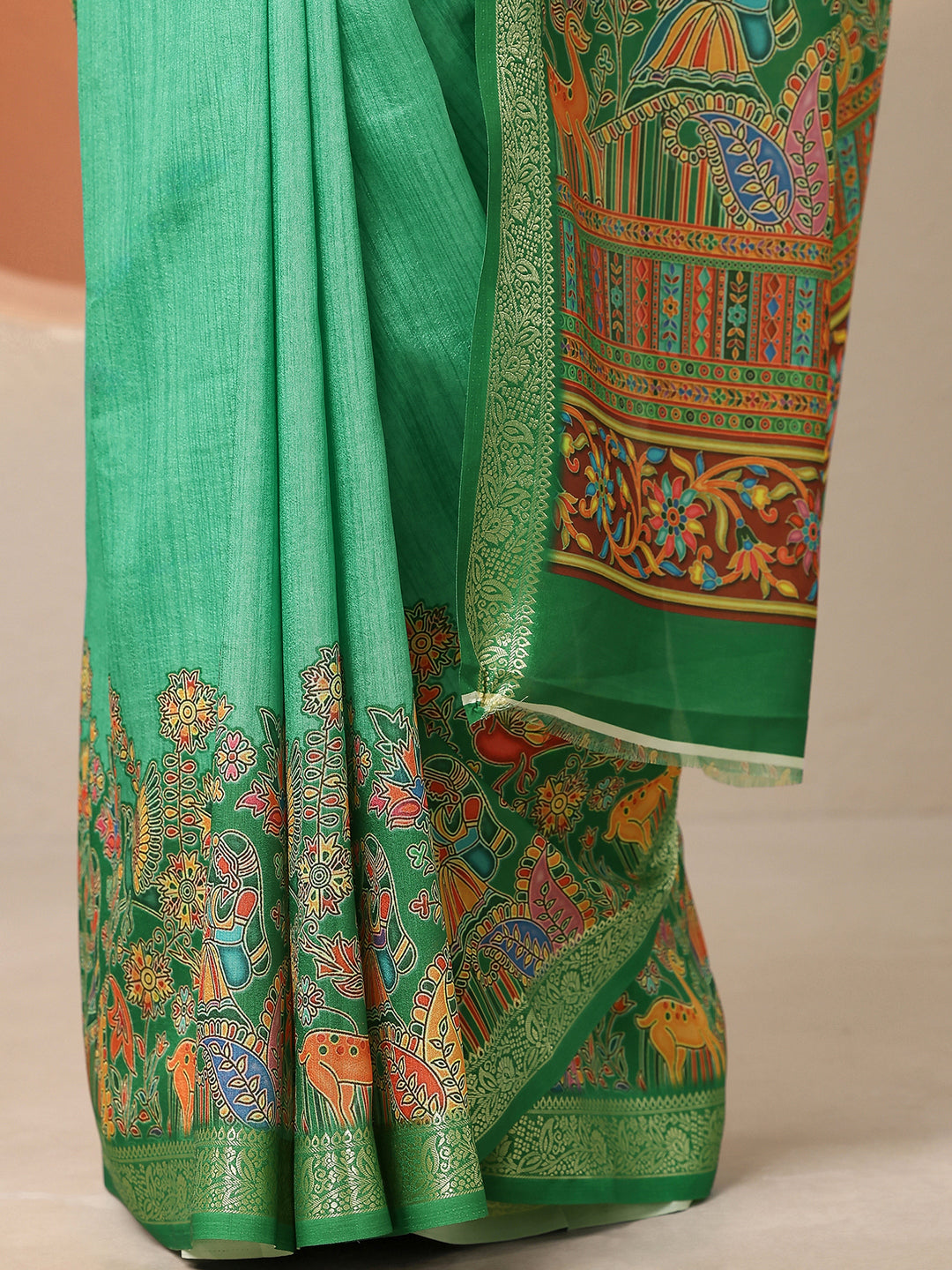 Green Printed Silk Blend Saree With Unstitched Blouse Piece