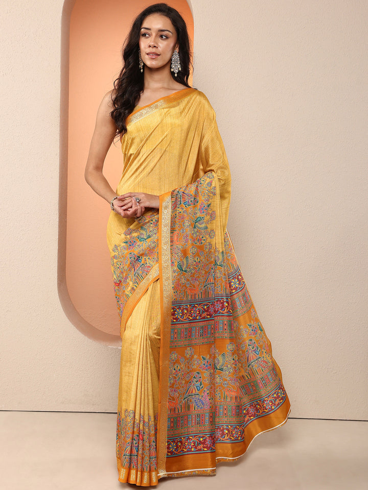 Mustard Printed Silk Blend Saree With Unstitched Blouse Piece