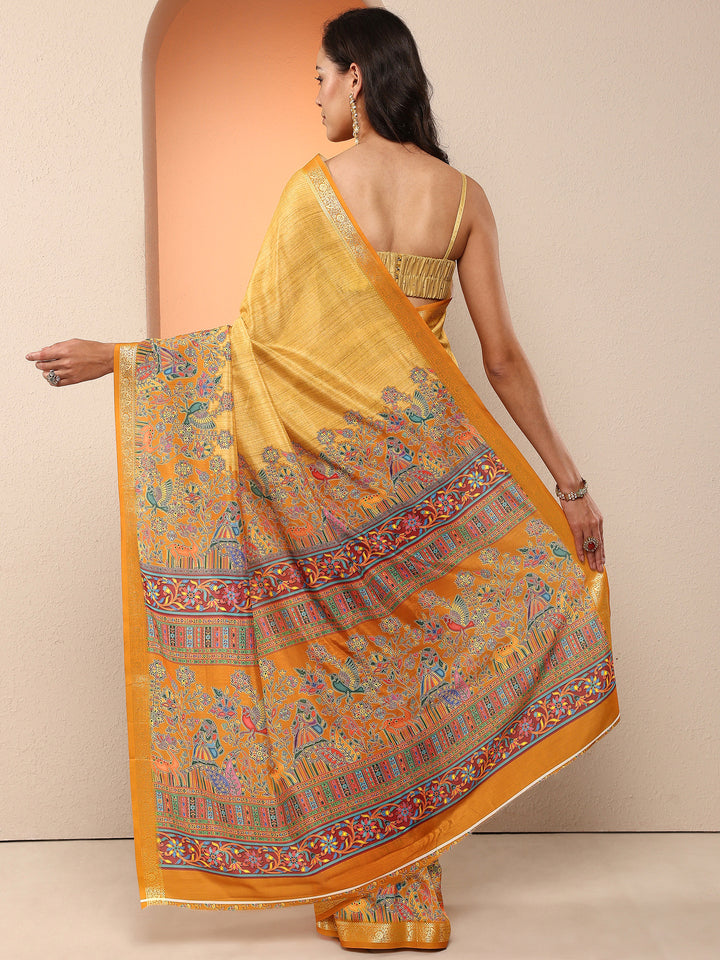 Mustard Printed Silk Blend Saree With Unstitched Blouse Piece