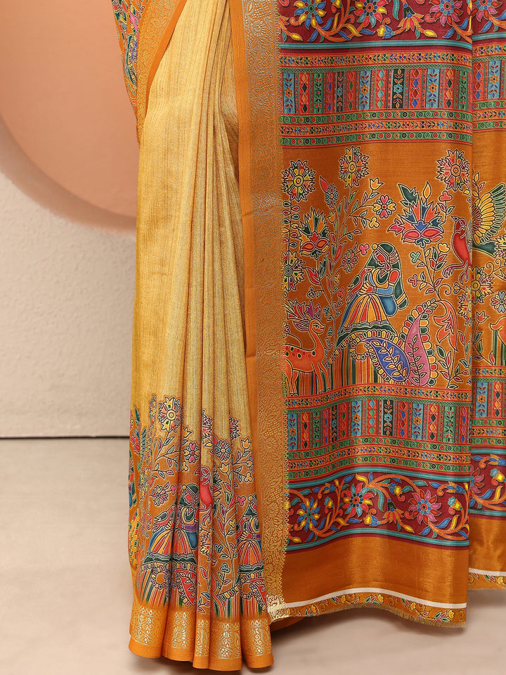 Mustard Printed Silk Blend Saree With Unstitched Blouse Piece