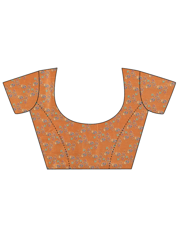 Mustard Printed Silk Blend Saree With Unstitched Blouse Piece