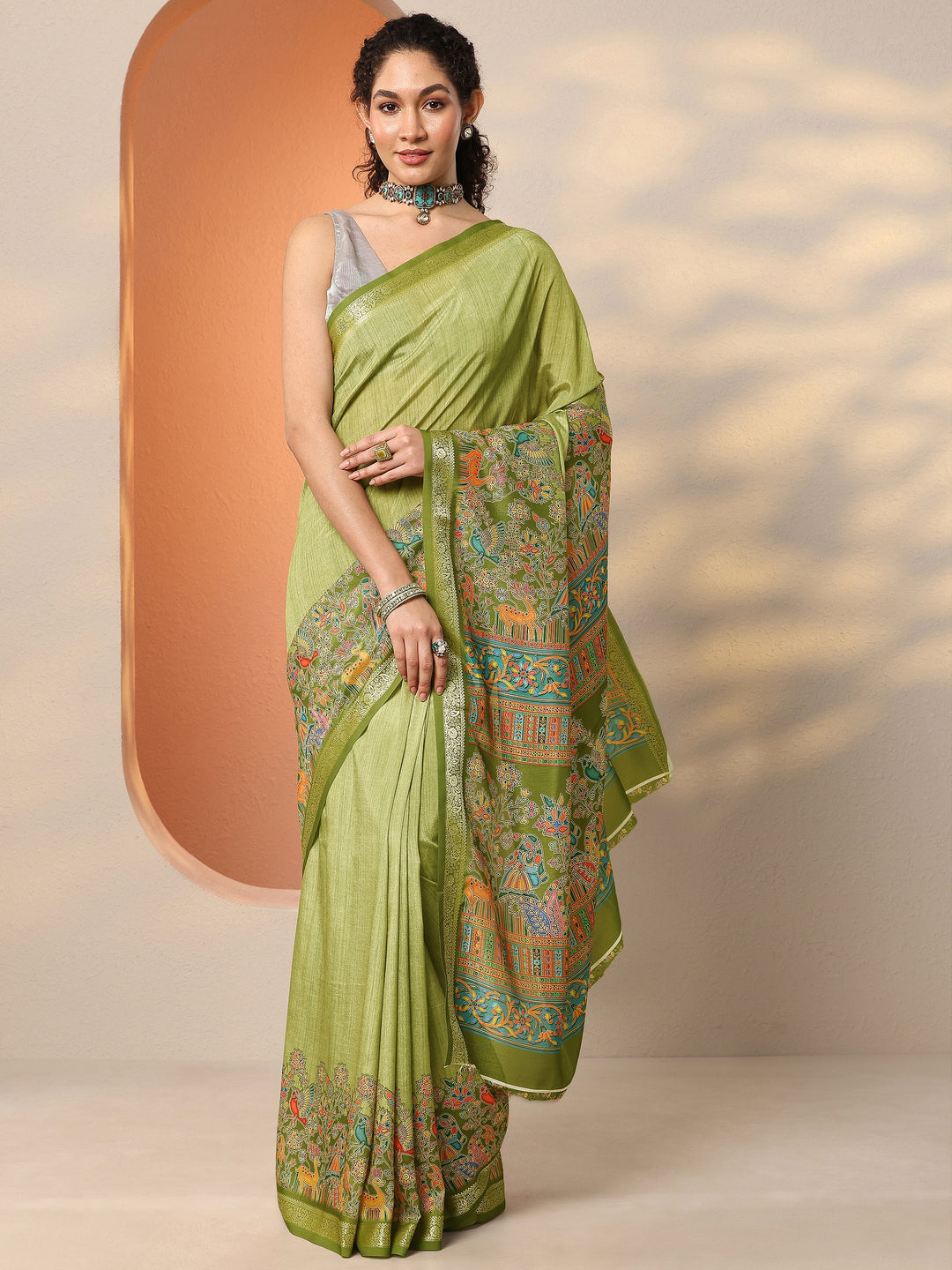 Green Printed Silk Blend Saree With Unstitched Blouse Piece