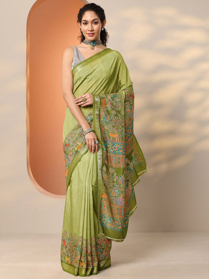 Green Printed Silk Blend Saree With Unstitched Blouse Piece