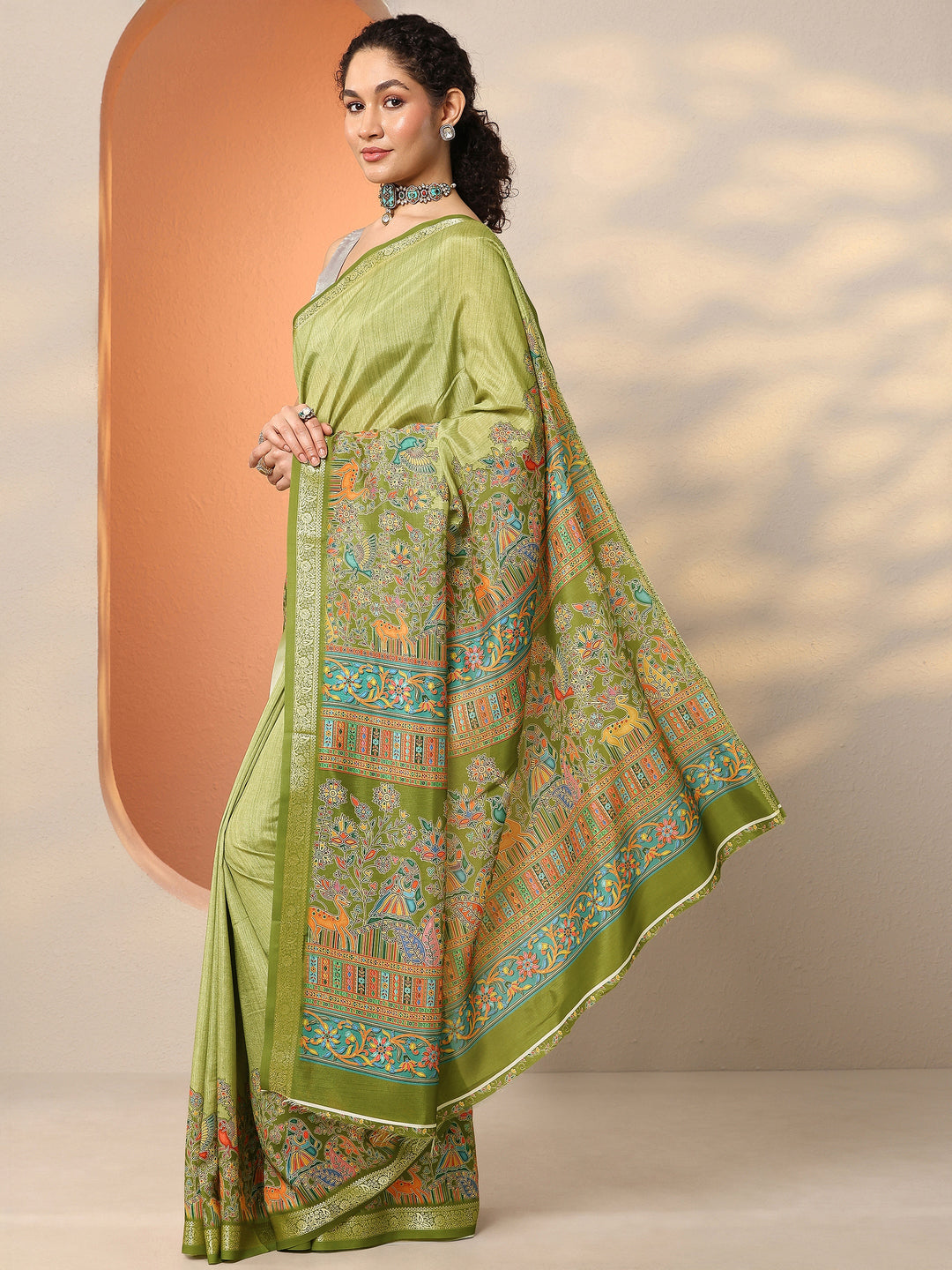 Green Printed Silk Blend Saree With Unstitched Blouse Piece