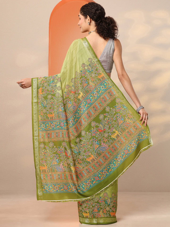Green Printed Silk Blend Saree With Unstitched Blouse Piece