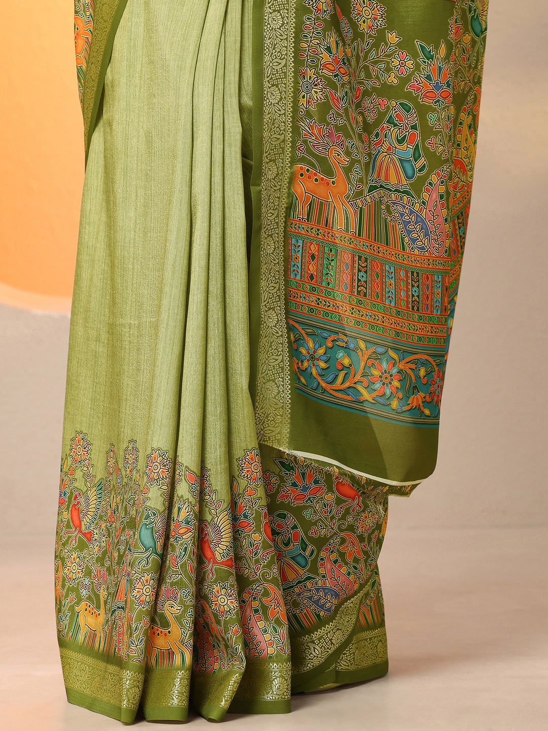 Green Printed Silk Blend Saree With Unstitched Blouse Piece